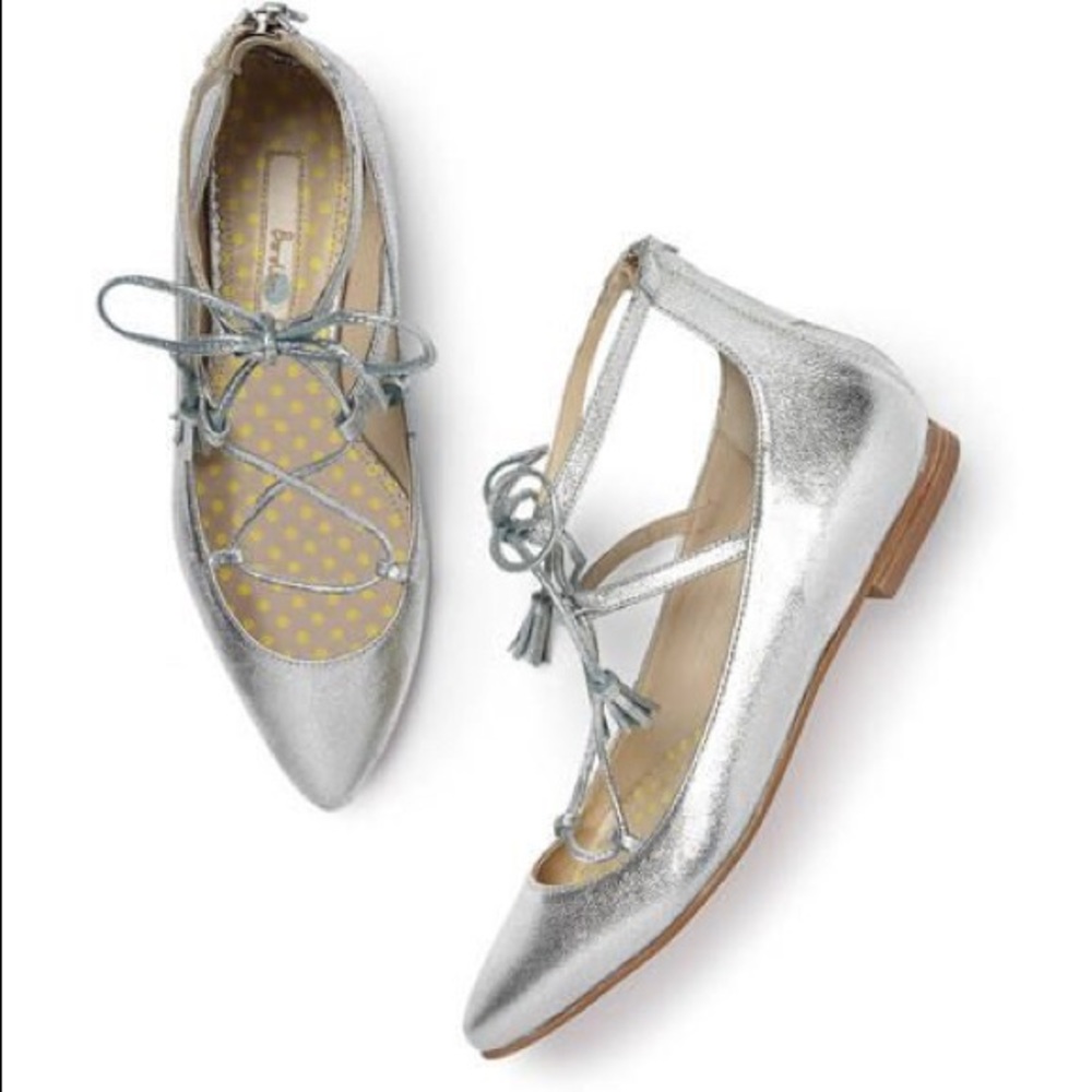 Boden Silver Lace-Up Ballerina Flats Size 8
